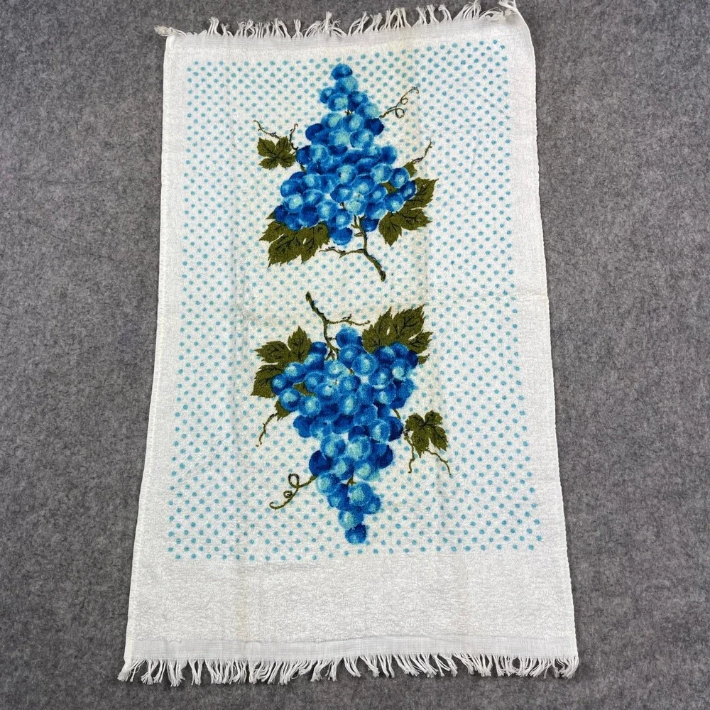 Vintage Town House Kitchen Terry Towel Blue Grapes Polka Dot Fringed 50s MCM USA